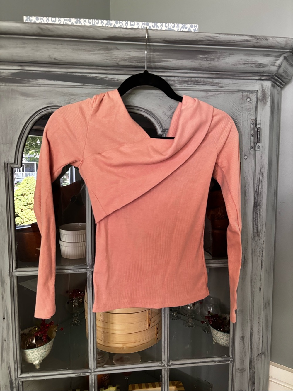 Express Coral Pink Draped-Neck Long Sleeve Top
